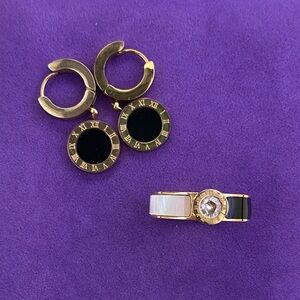 💛 18k Gold Plated Stainless Steel Roman Numeral Earrings and Ring Set